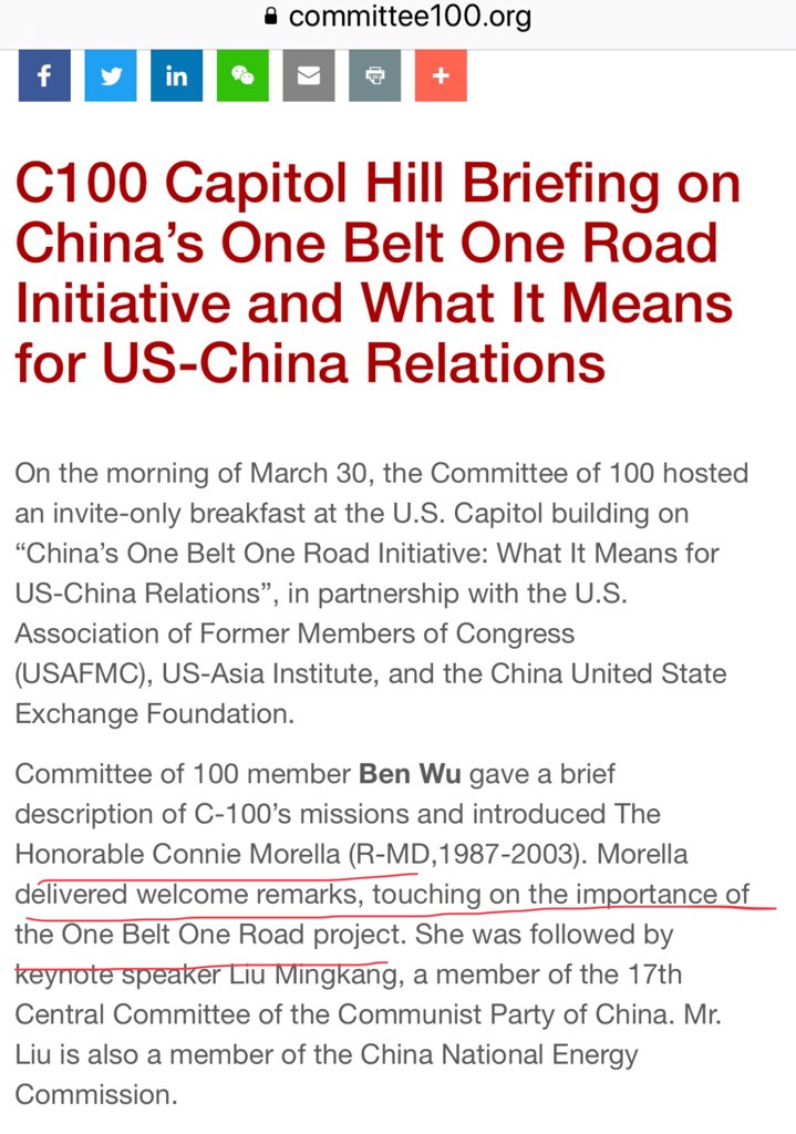 Connie Morella, former US Amb.  https://www.committee100.org/events/event-c-100-capitol-hill-briefing-chinas-one-belt-one-road-initiative-means-us-china-relations-mar-30-2016/