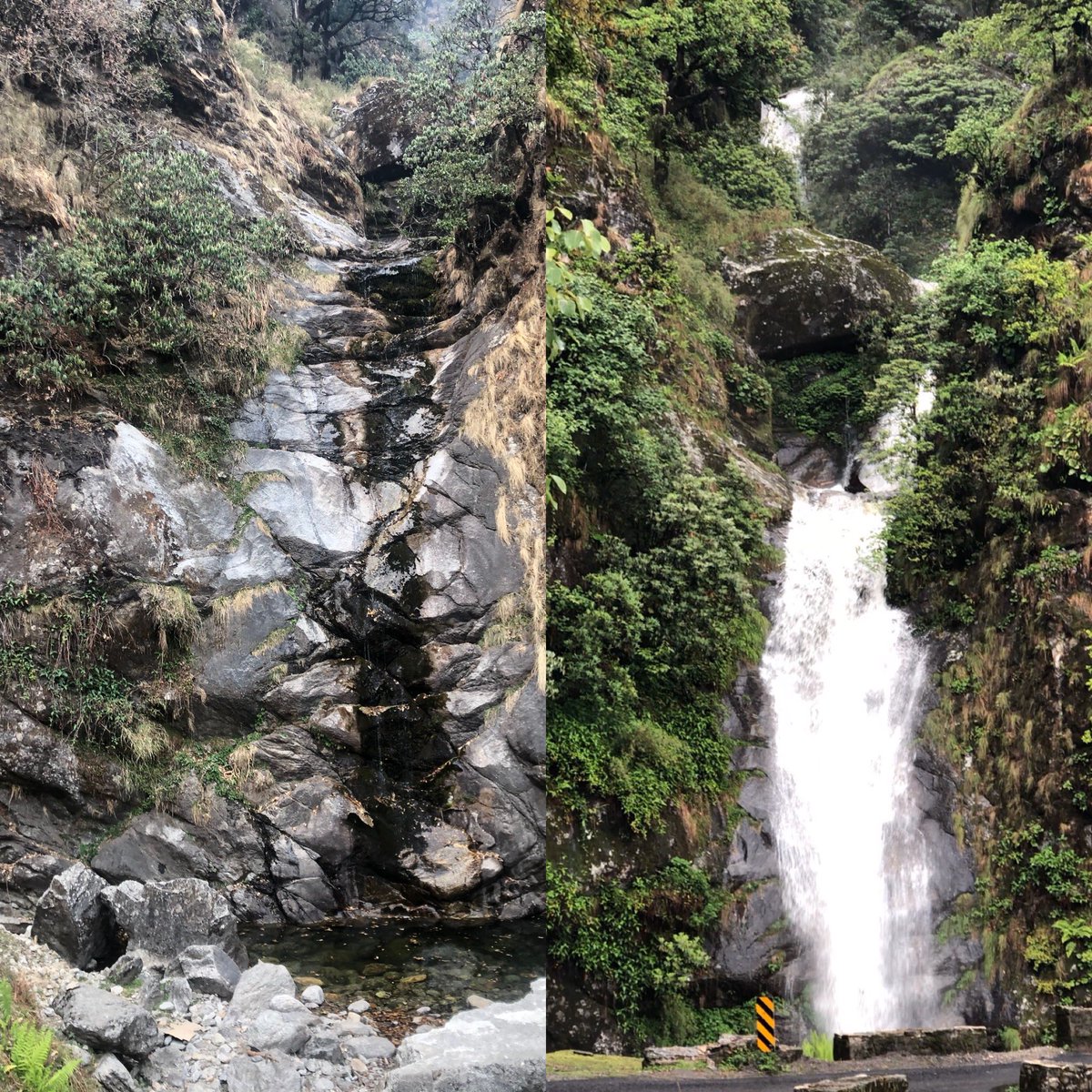 There is a nature crisis in the  #Himalayas. This is a waterfall in the higher Himalayan region at 9500 ft altitude. The pic on the left was taken yesterday and the pic on the right was taken exactly a year ago. 