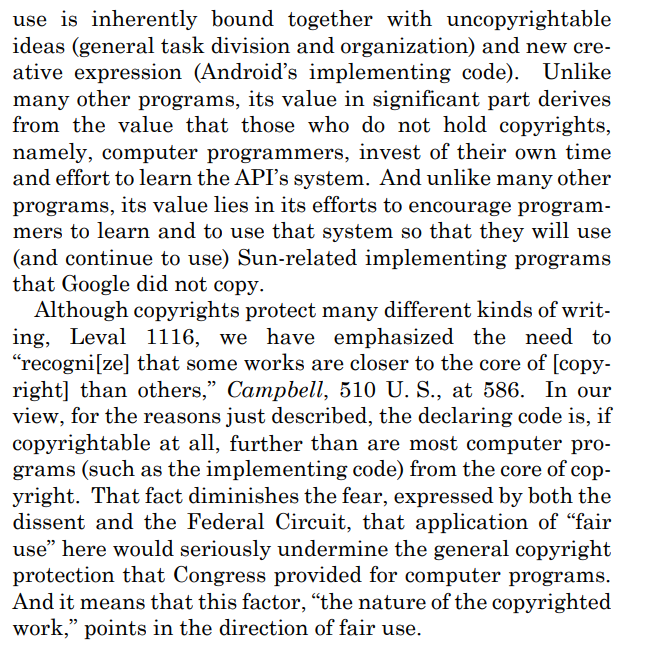 Thomas' dissent is worth reading in full but to add a few notes1. The beating heart of Breyer's opinion, the contrast bet. Interfaces ("declaring code") & Implementations is a Distinction w/o a Difference (or as we used to say in Yeshiva, a Chiluk that isn't M'Chalek)