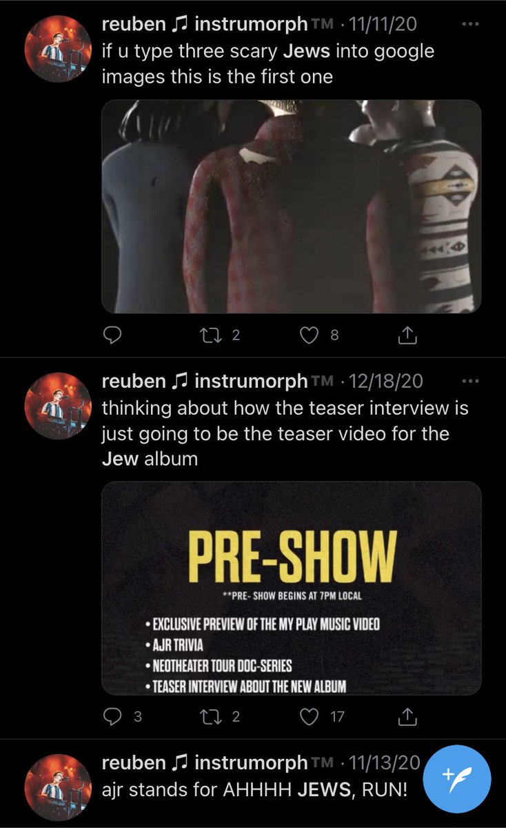 there are an astonishing amount and definitely WAY too many to include but here are a few. keep in mind this is a non-jewish, TWENTY TWO year old man who should know better. it makes no sense to constantly refer to them as this as if thats their "brand" and when it has zero