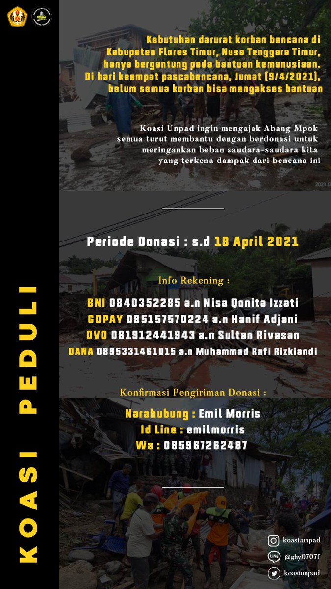 [OPEN DONASI BANJIR BANDANG FLORES TIMUR]

Berhubung dengan musibah yang tertimpa saudara-saudara kita di Flores. Maka dari itu Koasi Unpad ingin mengajak Abang Mpok untuk membantu meringankan dengan cara berdonasi

#BanjirFlores
#KoasiUnpad
#UNPAD
