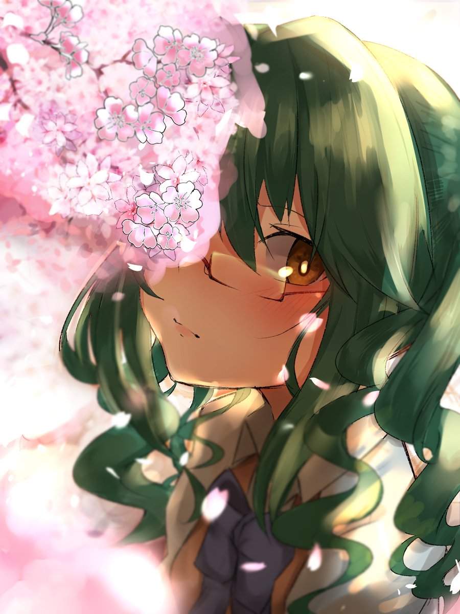 1girl solo green hair cherry blossoms glasses long hair looking at viewer  illustration images