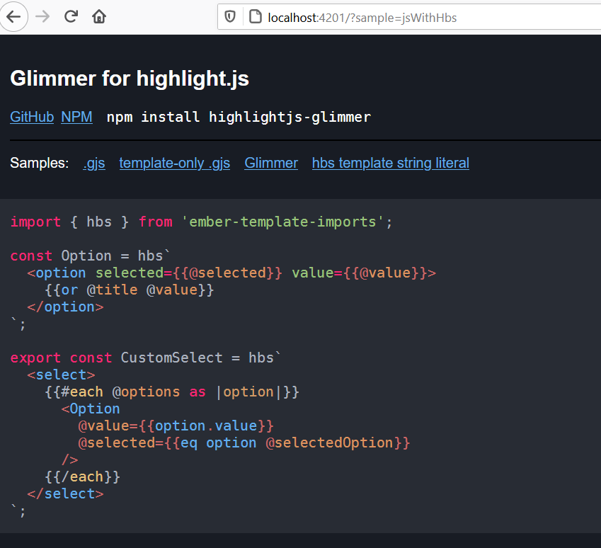 nullvoxpopuli's tweet image. Glimmer syntax for @highlightjs now supports hbs string template literals!
Demo:
hljs-glimmer.nullvoxpopuli.com/?sample=jsWith…
#JavaScript #EmberJS