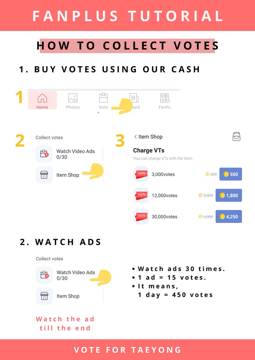 < HOW TO COLLECT VOTE >1. Buy votes using cash2. Watch ads3. Do missions4. Send and receive voting tickets with friends. We have to add friends first. Make it sure to add 50 active friends! Read the tutorial carefully! #TAEYONG  #태용