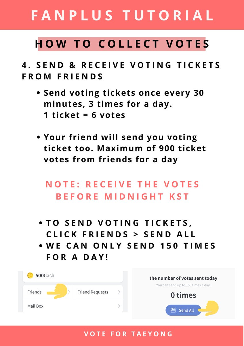 < HOW TO COLLECT VOTE >1. Buy votes using cash2. Watch ads3. Do missions4. Send and receive voting tickets with friends. We have to add friends first. Make it sure to add 50 active friends! Read the tutorial carefully! #TAEYONG  #태용