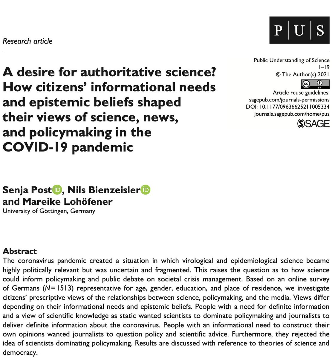 How did Germans' informational needs and views of the nature of scientific knowledge (epistemic beliefs) relate to their expectations of scientists, policymakers and journalists in the pandemic? New paper with <a href="/NilsTokolosh/">Nils Bienzeisler</a> and <a href="/mareikeloho/">mareikeloho</a> journals.sagepub.com/doi/full/10.11…
