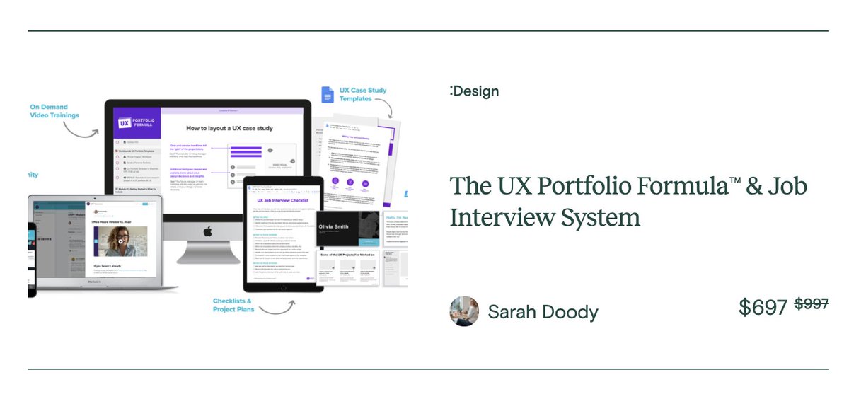 Another example:The UX Portfolio Formula™ & Job Interview System by  @sarahdoodyPeople want to advance their careers or perhaps switch career tracks, gain more respectable job positions, earn more high-paying roles.