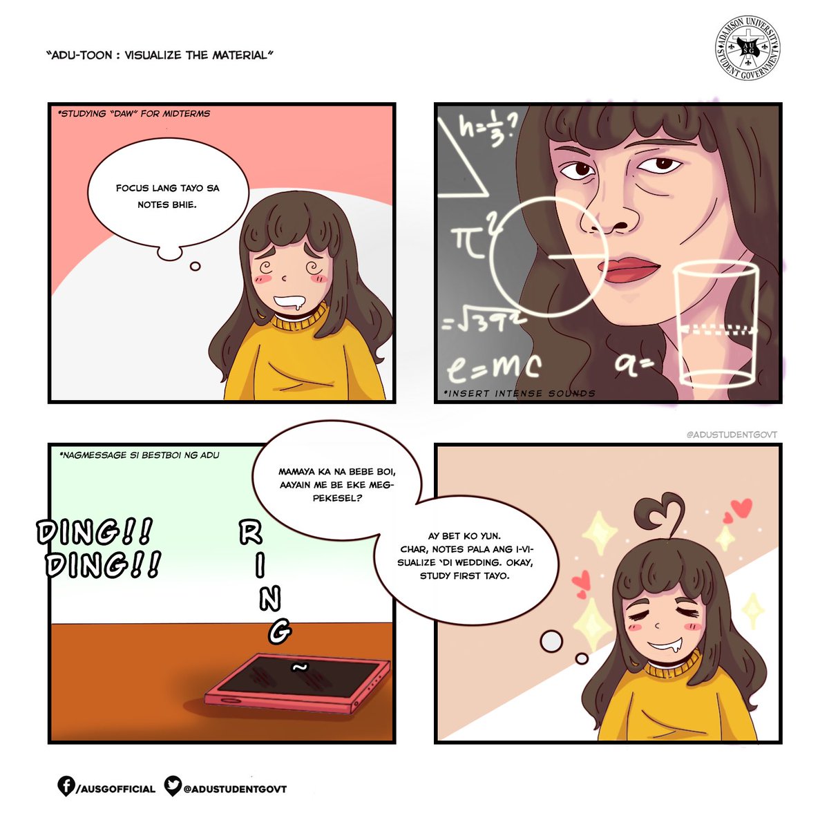 AdUStudentGovt's tweet photo. As we wait for the survey result, here’s a brief reminder before midterms! 👉😙👈
Study shows that the use of your imagination will help you to be familiar with the keywords associated with the topics as you take your exam. 😬🤯
Good luck, klasmeyts! 💙
#SoaringBeyondBorders https://t.co/lcccia3oXv