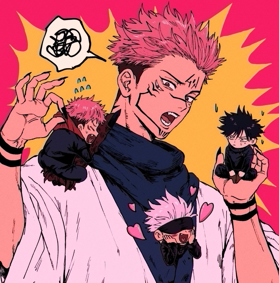 fushiguro megumi ,ryoumen sukuna (jujutsu kaisen) male focus tattoo facial tattoo multiple boys heart pink hair open mouth  illustration images