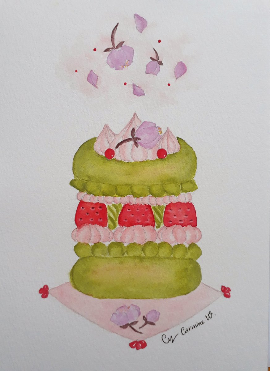 Carmine W Spring Macaron 春のマカロン Illustration イラスト Watercolor 水彩 Macaron マカロン お菓子