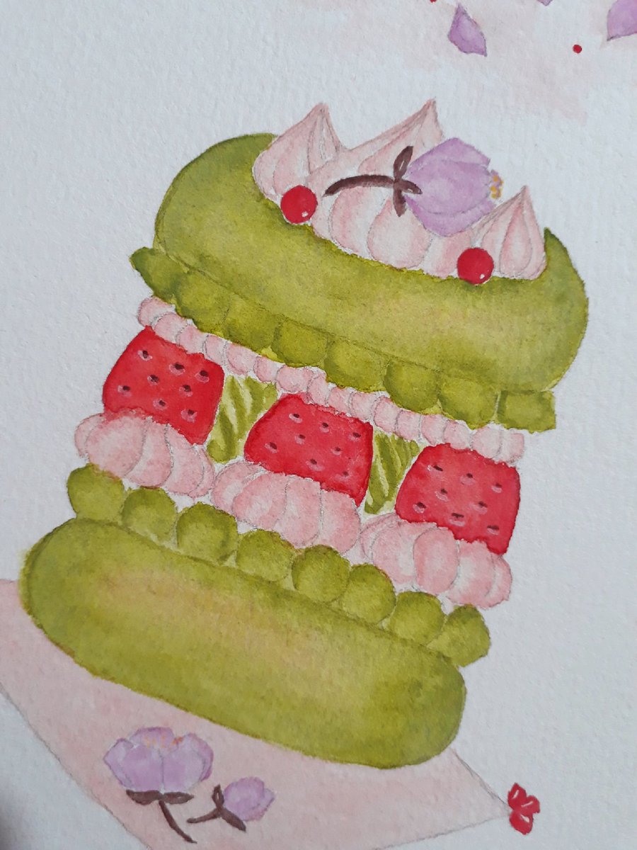 Carmine W Spring Macaron 春のマカロン Illustration イラスト Watercolor 水彩 Macaron マカロン お菓子