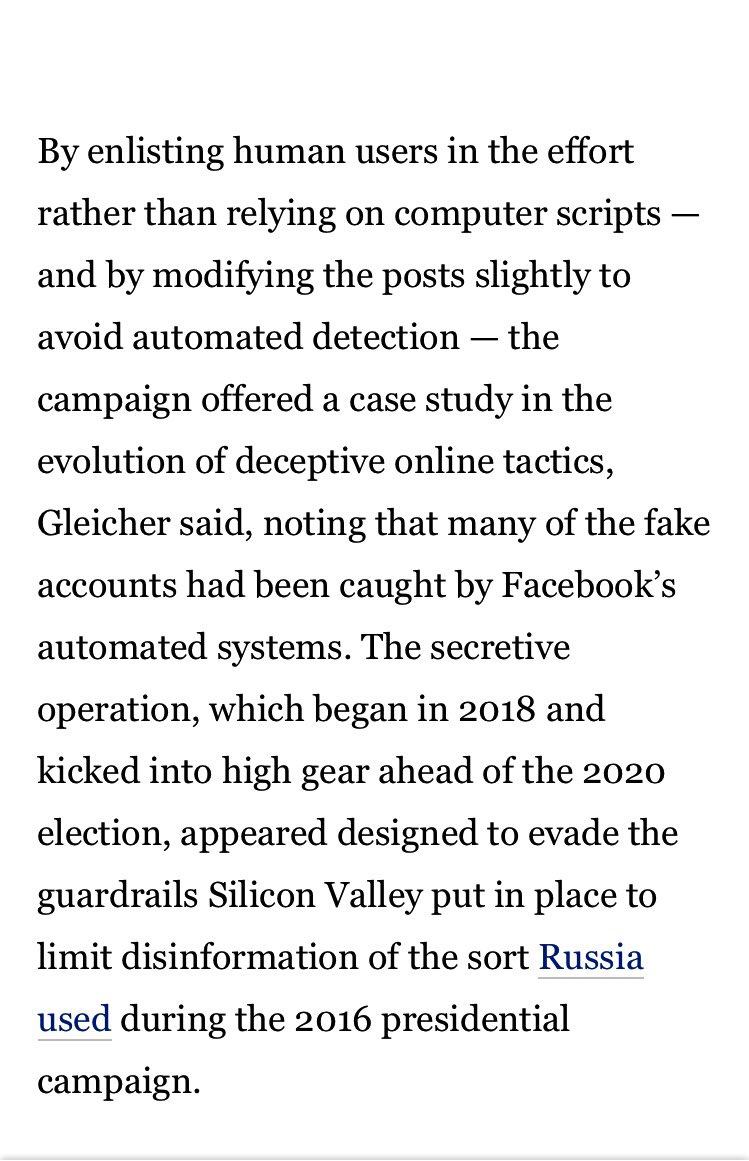 14/ Seems there was a bit of scandal last year (2020) Rally Forge was banned by FB. They had recruited teens to run a bot farm and push out disinfo using phony personas. Wash Post called it “a case study in the evolution of deceptive online tactics.” https://www.washingtonpost.com/technology/2020/10/08/facebook-bans-media-consultancy-running-troll-farm-pro-trump-youth-group/