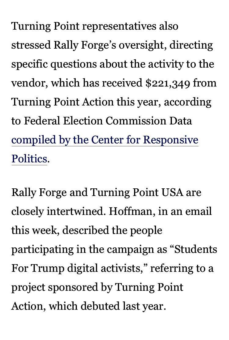 16/ According to WaPo, in 2020, RF was contracted for a “students for Trump digital activists” project & paid $221K by TP Action (not TP-USA) per FEC filings. Then what was the contract in 2018 from the 501c3 for? Did RF have a different contract in 2018 w/the 501c3? What for?