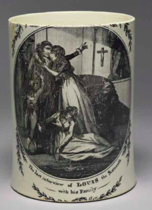 This chapter focuses on an English creamware quart ale mug, transfer-printed in black enamel, possibly made in Liverpool, 1793-95, following the execution of King Louis XVI by La Guillotine! It shows Louis XVI’s ‘final farewell’ or ‘Last Interview’ & is at  @britishmuseum 2/9