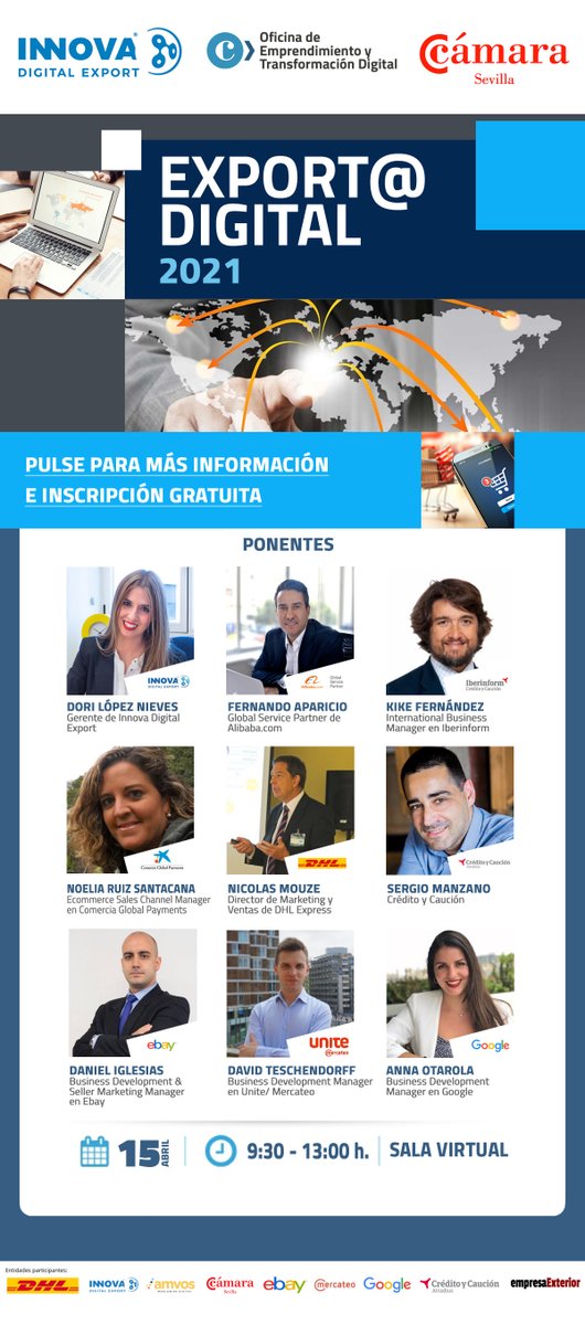 camaradesevilla's tweet photo. 🔈¡Participa en uno de los mejores #eventos virtuales de #Marketing y #ComercioOnline e impulsa tus ventas!
👉 ¡Descubre las últimas novedades en #ExportaDigital con expertos de @GoogleES, @amazon, @eBayESP, @MercateoES, @iberinform, entre otros! ⤵️
https://t.co/1NVv7sr9yD https://t.co/M8AqjFakLt
