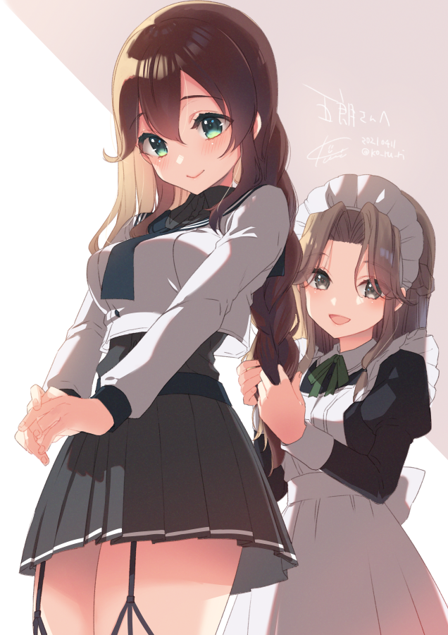 jintsuu (kancolle) ,noshiro (kancolle) multiple girls 2girls brown hair long hair maid braid garter straps  illustration images