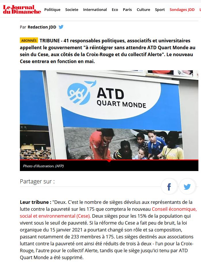ATDQM's tweet photo. 🗨️ Plus qu’une représentation, c’est une réelle participation des + pauvres qu’ATD Quart Monde apporte @lecese.

Dans @leJDD , + de 40 personnalités du monde associatif, universitaire &amp; politique appellent le @gouvernementFR à réintégrer @ATDQM au CESE
👇
https://t.co/2SCfuVW8Av https://t.co/NLQzSfEMYl