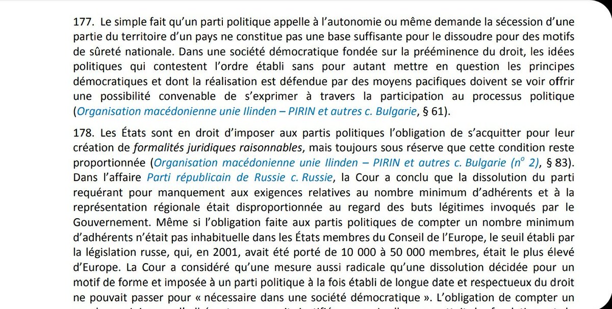 Elle reconnaît notamment l'intérêt pour des minorités de se voir représentées par des associations.C'est là que surgit la notion de  #séparatisme, car il est légitime qu'un état membre veille à sa cohésion et pourchasse toute tentative de séparatisme.ce qui pourrait expliquer