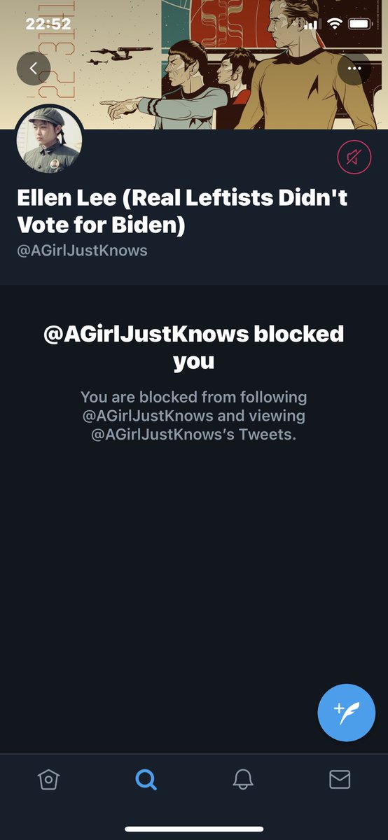 Amazing. Literally seconds after I call this account’s display name - without tagging, zero interactions - I’m blocked.What this means:  @AGirlJustKnows is a bot account running a script to block anyone mentions the name “Ellen Lee”.Please report as a fake account.  https://twitter.com/noahsbwilliams/status/1381137191145861122