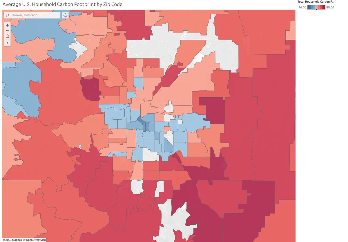 Everywhere around the country you see the same pattern: low pollution in cities surrounded by dirtier suburbs.Eyeballing, urban cores are 10-30 tons CO2e/household/yr lower emitting (consumption-based accounting).Here are LA, Denver, Chicago, & Atlanta. /2