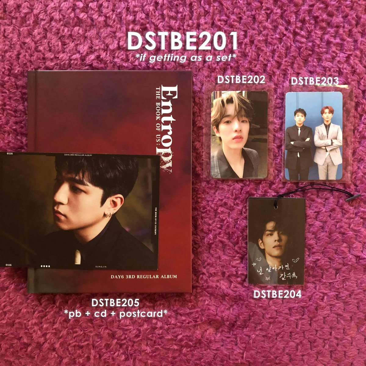 wts / lfbday6 albums (set / tingi)— tbou : entropy (sweet, chaos ver) lapag : april 12 - 6pm complete list, prices & photos : see tweet at the start of this thread ph sungjin jae youngk wonpil dowoon pc photocard unsealed bookmarks