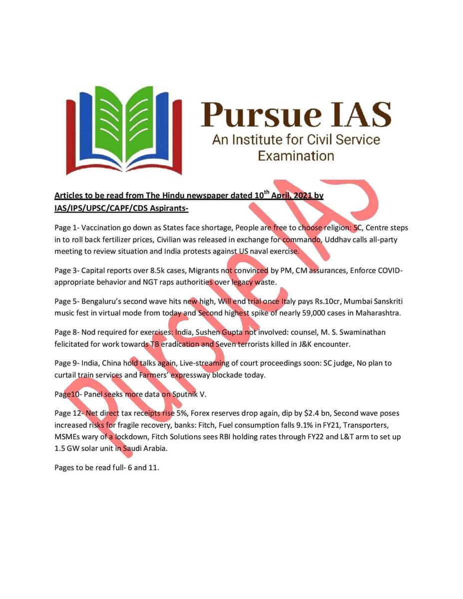 Articles to be read by IAS/IPS/CDS/CAPF Aspirants from The Newspaper dated 8th,10th April, 2021-
#pursueias #pursueiasinstitute #onlineupsc #upscinstitute #iasinstitute #onlineupscinstitute #onlineiasinstitute #onlinecdsinstitute #onlinecapfinstitute

pursueiasinstitute.com