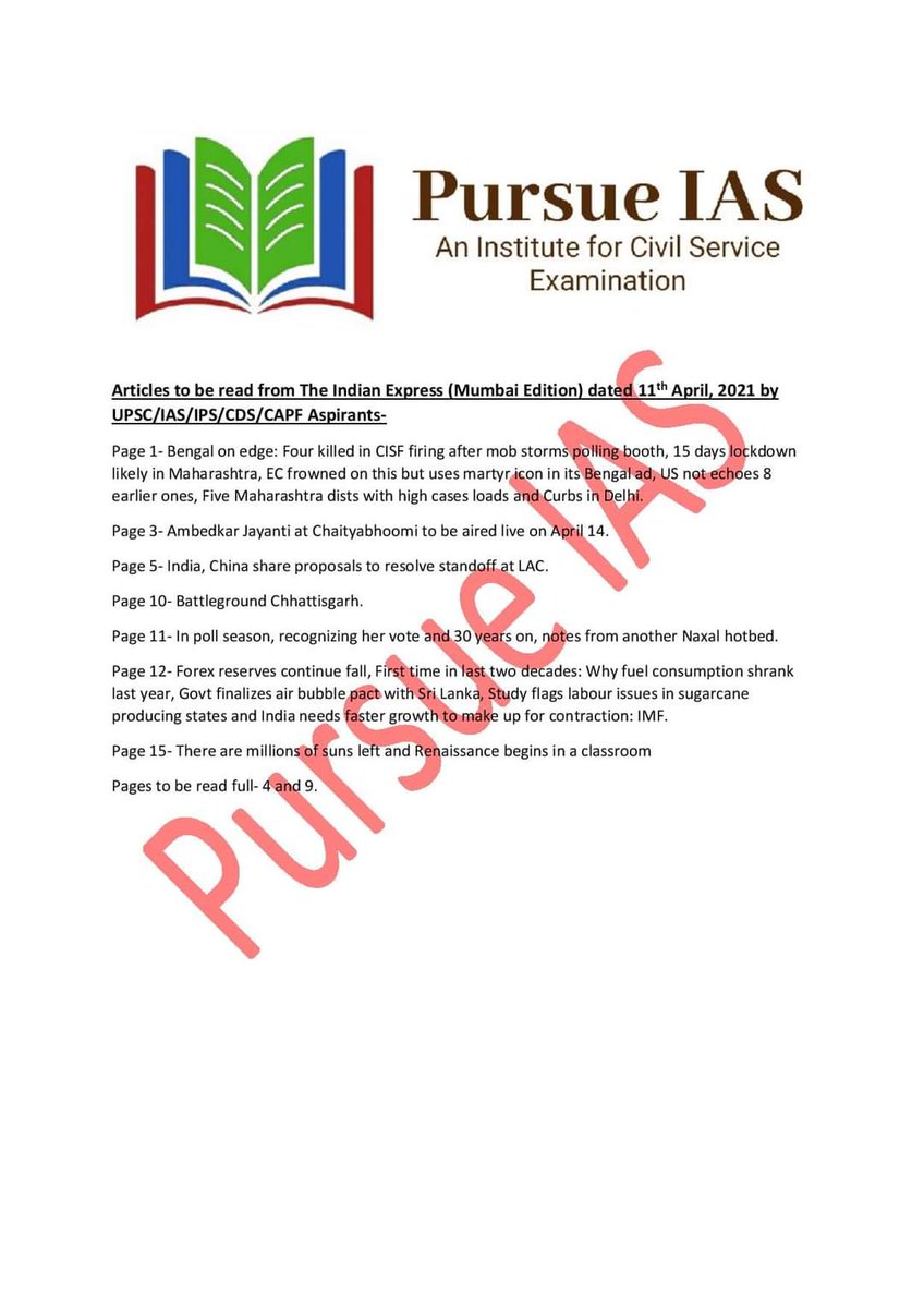 Articles to be read by IAS/IPS/CDS/CAPF Aspirants from The Newspaper 11th April, 2021-
#pursueias #pursueiasinstitute #onlineupsc #upscinstitute #iasinstitute #onlineupscinstitute #onlineiasinstitute #onlinecdsinstitute #onlinecapfinstitute

pursueiasinstitute.com