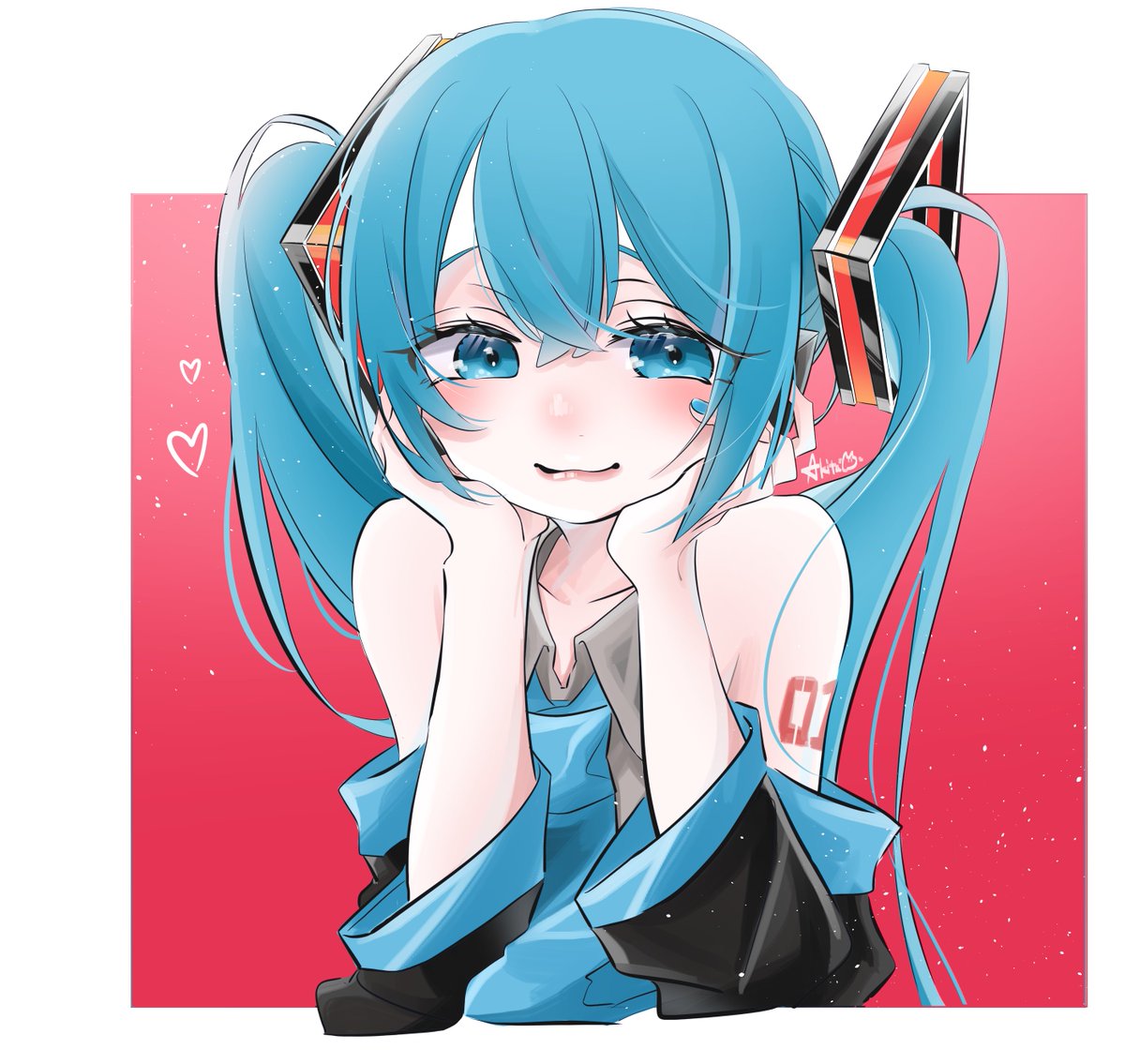 hatsune miku 1girl solo twintails hands on own face smile looking at viewer heart  illustration images