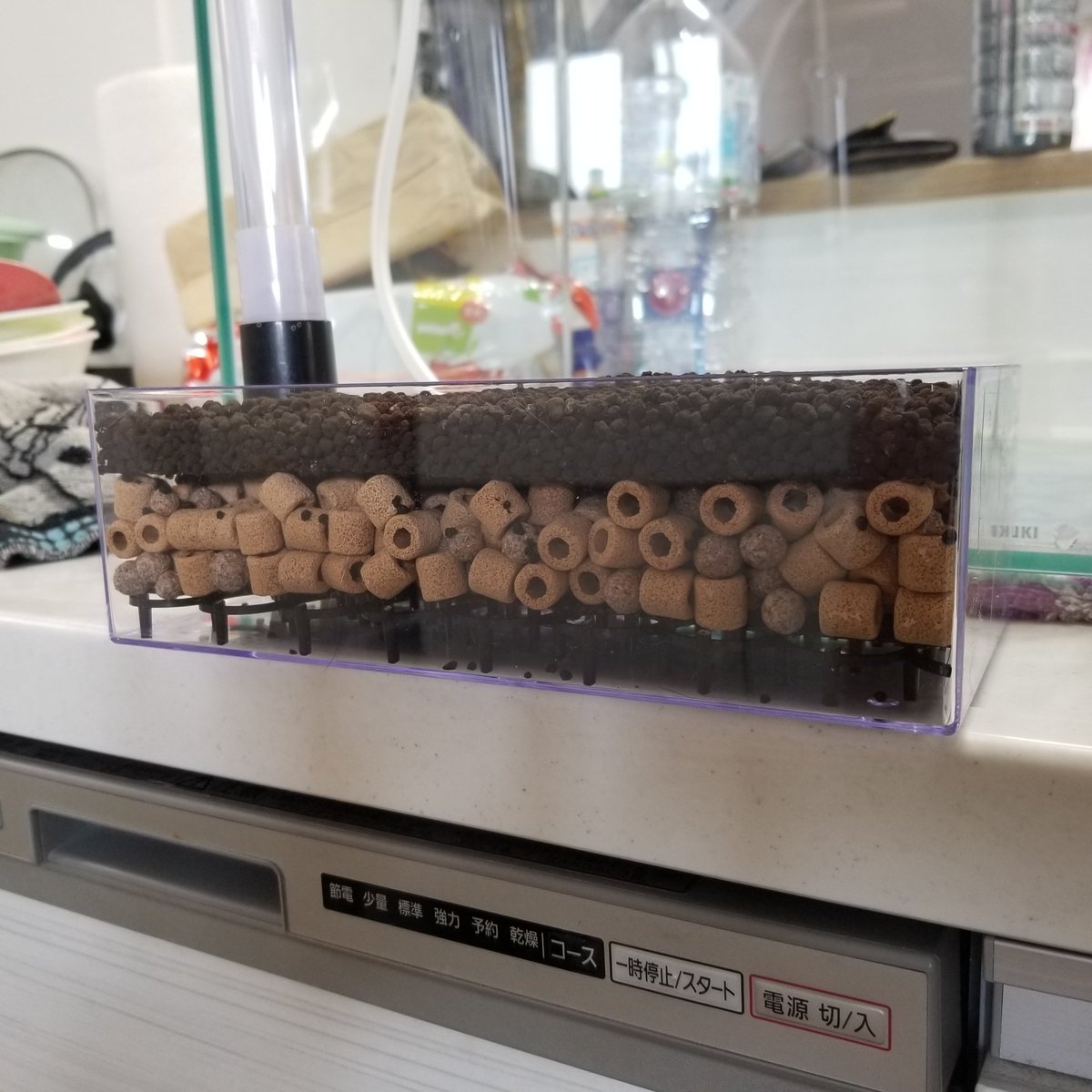 しゃも太郎 自分はgexの底面フィルターを使いました 猫避け 鉢底ネットで底上げ仕様にしたのですが 余り深さが無いのでケースにそのまま底面フィルターを置いて使用した方が濾材もソイルも沢山入って良いと思いますよ