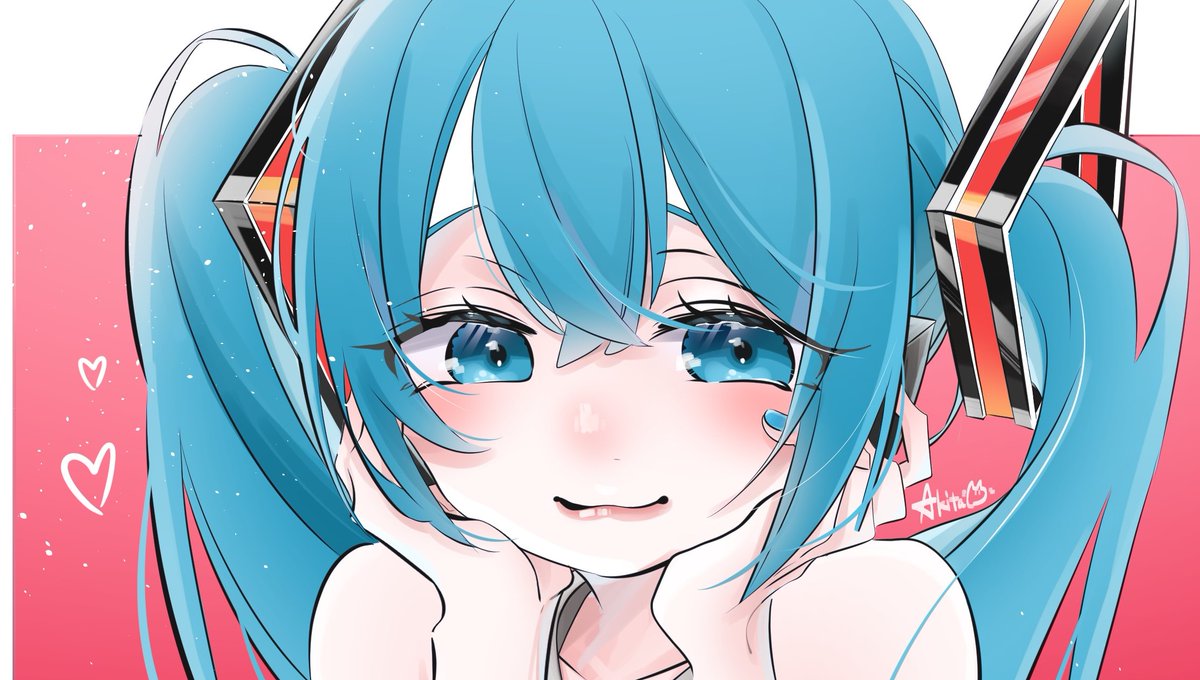 hatsune miku 1girl solo twintails hands on own face smile looking at viewer heart  illustration images