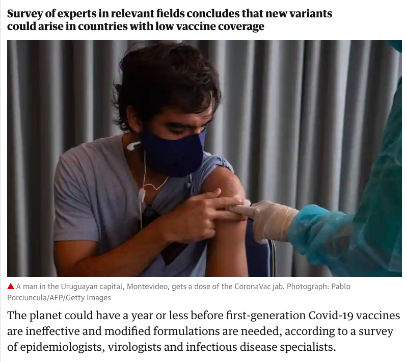 The arguments fill the national media & drive national politics: us against them. Do we get the vaccine first, or do they? It all masks the fact that vaccinations are going too slowly worldwide. Too slowly for everyone.  https://www.theguardian.com/world/2021/mar/30/new-covid-vaccines-needed-within-year-say-scientists