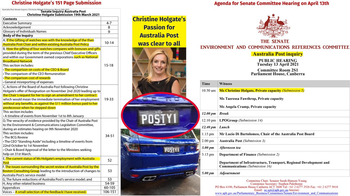 2/Picture(Hi-Resolution)Agenda for Tuesdays hearing Table of contents for Christine Holgate’s submissionMs Holgate's achievements both in Aus Post & outside is impressive.Ms Holgate was clearly passionate Aus PostThe $220M deal saved thousands of post offices and jobs