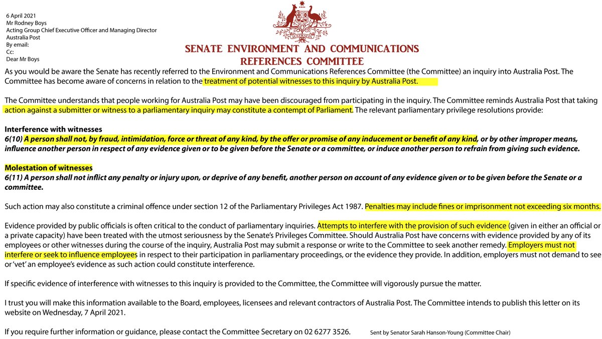 3/In the picture is the letter written to the Acting Chief Executive of Aus Post where the Committee Chair (Sen Hanson-Young) reminds him about applicable rules regarding interference & molestation of witnesses