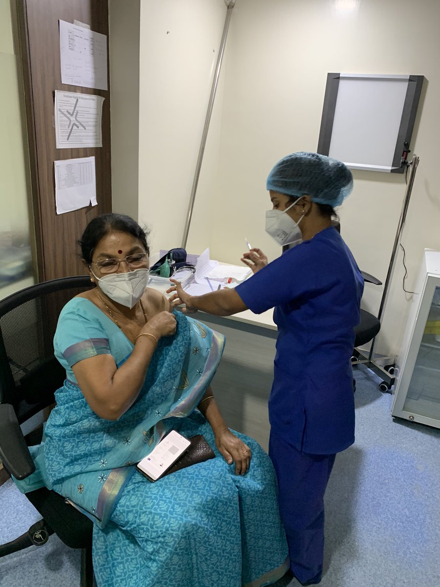My mother takes her second dose of the covid vaccine . A big thank you to all scientists , doctors,leaders &everyone who led frm the front to get us all to this stage. Request Every eligible person to get vaccinated. #TikaUtsav @narendramodi @mla_sudhakar @cardio73 @MoHFW_INDIA