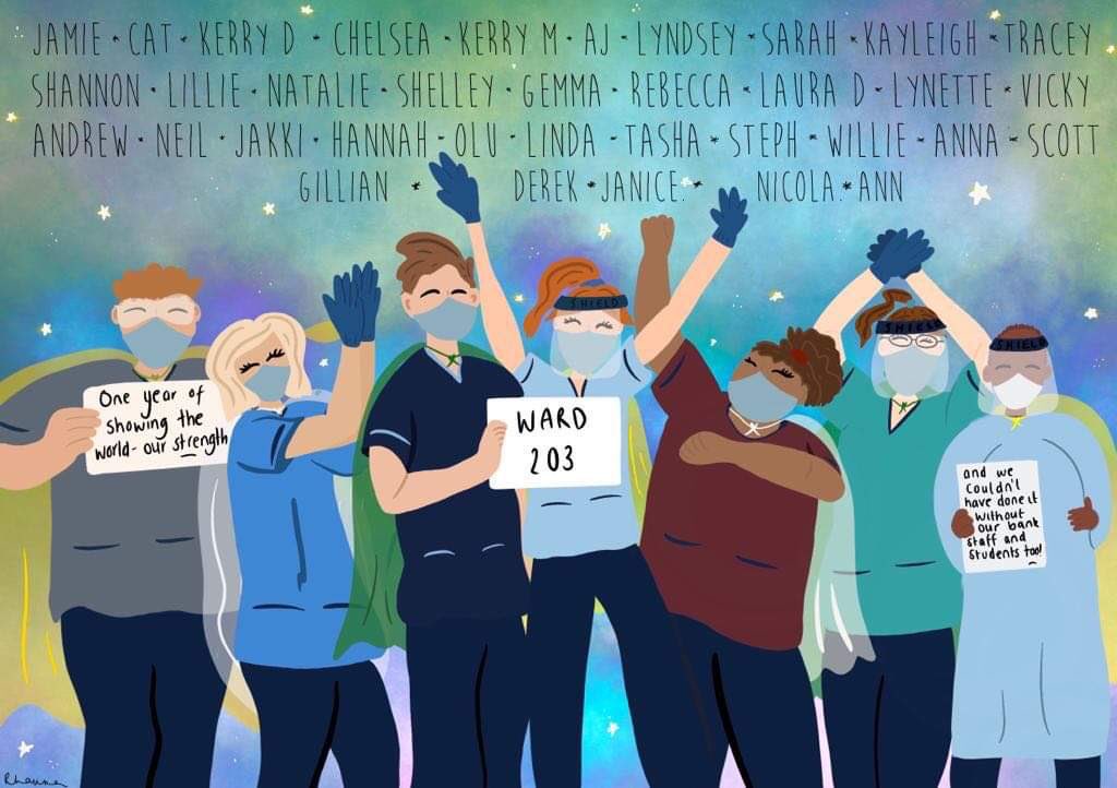 RIEAcuteMOE's tweet photo. What a year it’s been #team203  was the covid ward @RIE_Lothian...such a lovely gift that will hang in the ward with pride #COVID19 #teamwork #teamsupport #teamtobeproudof #oneyearshowingtheworldourstrength https://t.co/qt6Myz6WLk