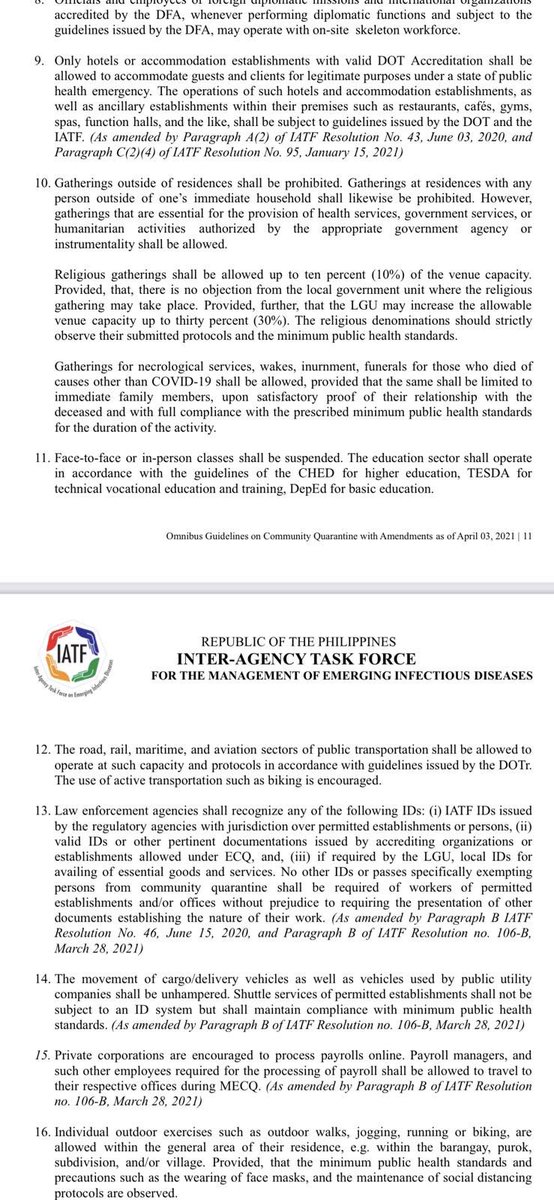 It seems the MECQ tomorrow will follow the IATF Omnibus Guidelines as of April 3. When asked if there will be new policies, like new classifications of businesses that can open and under what capacity, DTI Sec. Ramon Lopez sent these screenshots to reporters: