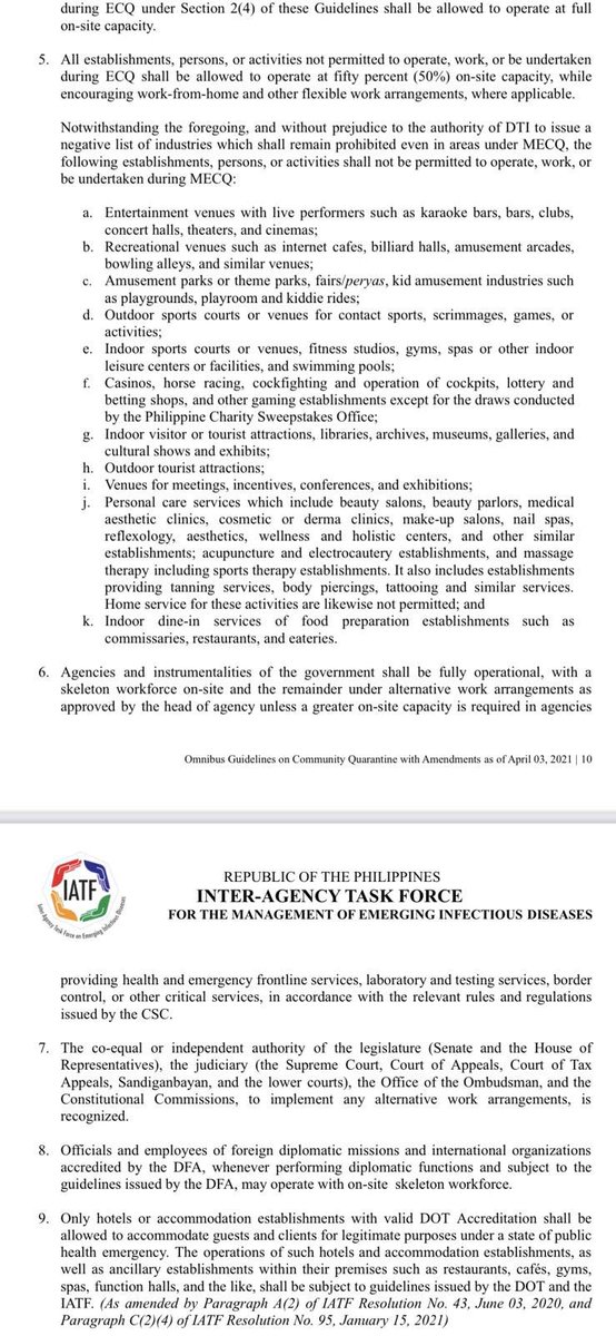It seems the MECQ tomorrow will follow the IATF Omnibus Guidelines as of April 3. When asked if there will be new policies, like new classifications of businesses that can open and under what capacity, DTI Sec. Ramon Lopez sent these screenshots to reporters: