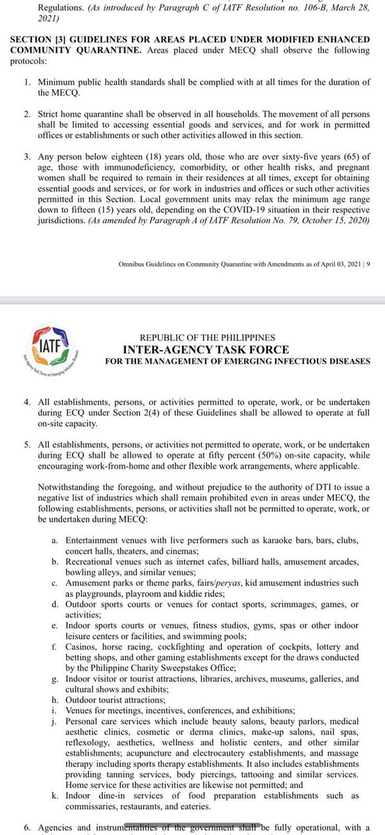 It seems the MECQ tomorrow will follow the IATF Omnibus Guidelines as of April 3. When asked if there will be new policies, like new classifications of businesses that can open and under what capacity, DTI Sec. Ramon Lopez sent these screenshots to reporters: