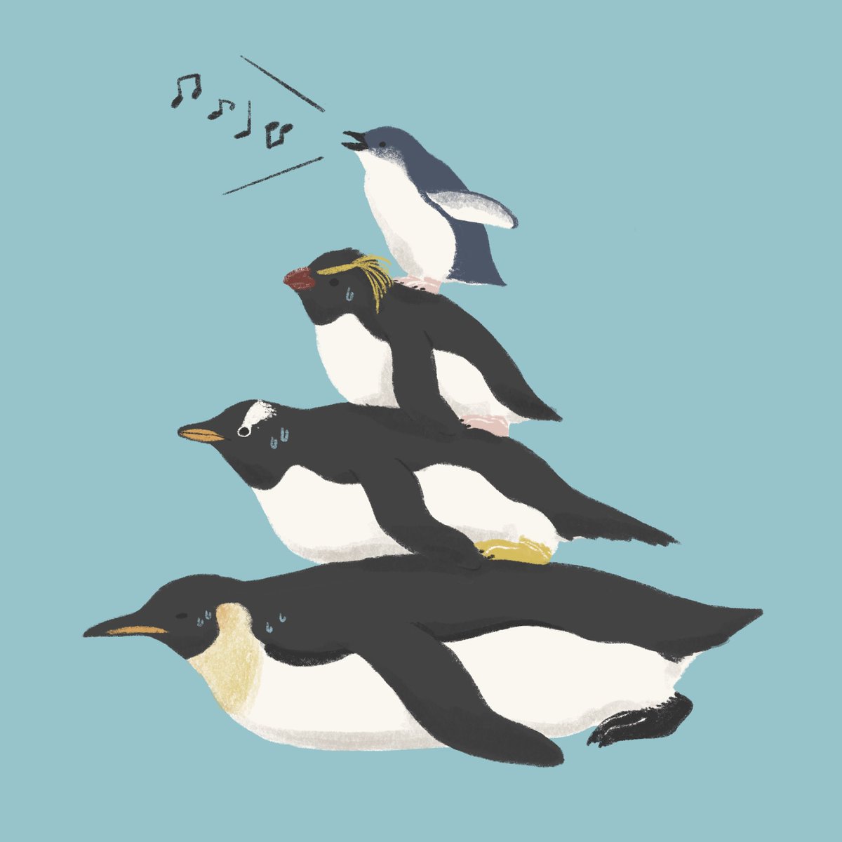 「ブレーメンの音楽隊ごっこ🐧
(歌うどころではない下3羽) 」|きゅう🐧多忙につき低浮上のイラスト