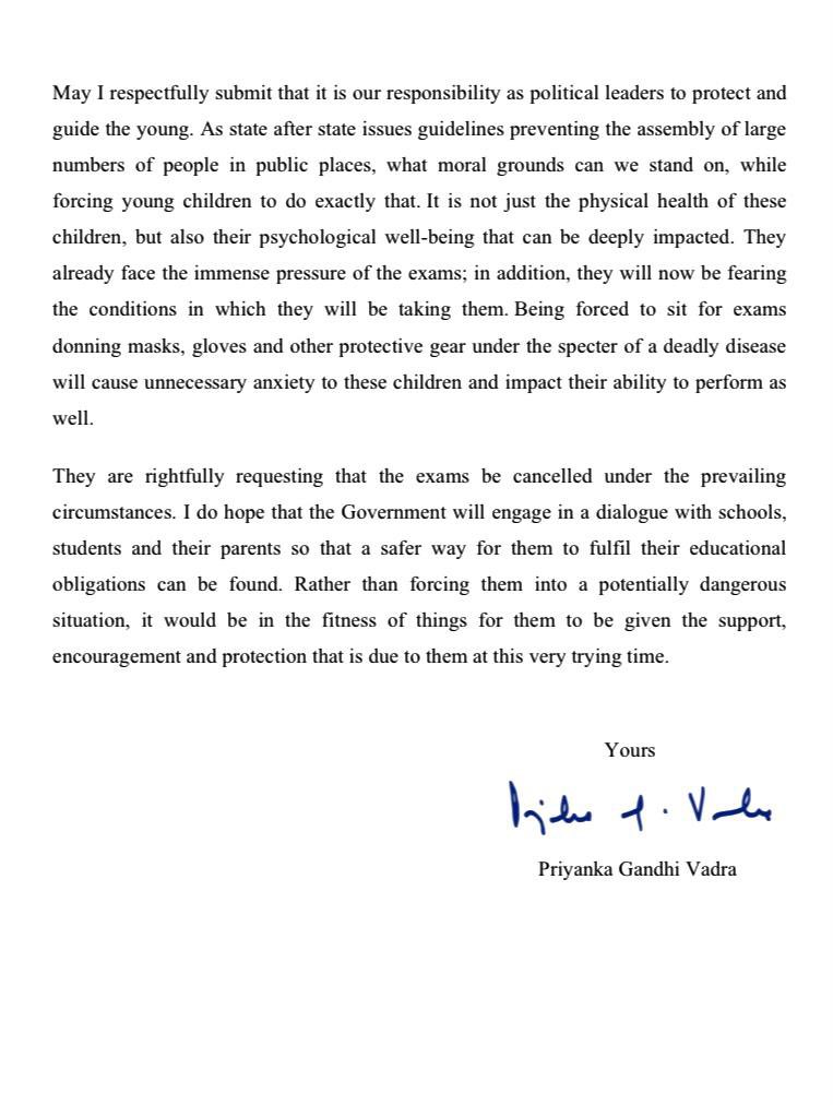 priyankagandhi's tweet photo. देश भर में कोरोना के बढ़ते मामलों के बीच छात्रों व उनके अभिवावकों ने CBSE परीक्षा 2021 को लेकर कुछ वाजिब चिंताएं जाहिर की हैं।

My letter to the Minister of Education @DrRPNishank asking him to reconsider allowing the CBSE to conduct board exams under the prevailing COVID wave. https://t.co/Ai4Zl796il