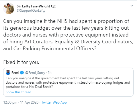 GiveUsAQuid's tweet photo. Another trip down the Hard-Right Memory Lane to this day last year, when Our Femi was making yet another typically fatuous attempt to attack Brexit (if only we *had* left with no deal!). 

PS: Those NHS job titles listed in my tweet are not satirical - they actually exist. 🙄 https://t.co/oEcWej1Prn