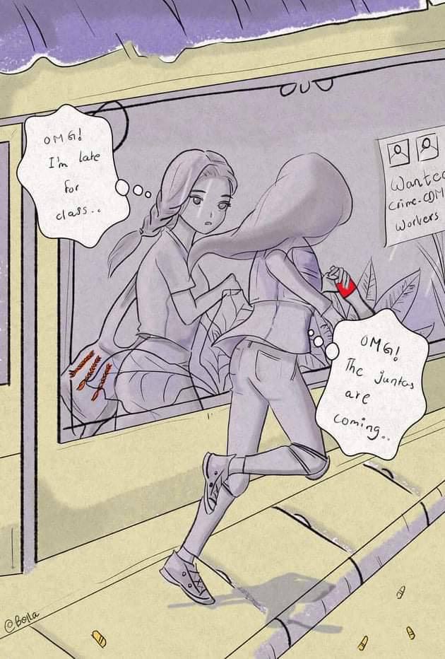 An art illustrating a normal student running late for school on days before coup and the same girl after coup running away from bloodthirsty juntas who can shoot her to death anytime.
#Apr11Coup 
#WhatsHappeningInMyanmar