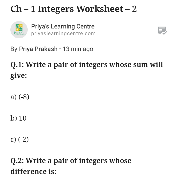 PriyaPrakash11's tweet photo. Integers Worksheet 👉 https://t.co/2UrQfRRNcJ

#integers #worksheet #integersworksheet #mathematics #practicemath #mathlearningaids #difference #sum #product #numberline #positive #negativenumbers #pairofintegers https://t.co/MdzS8R7ftL