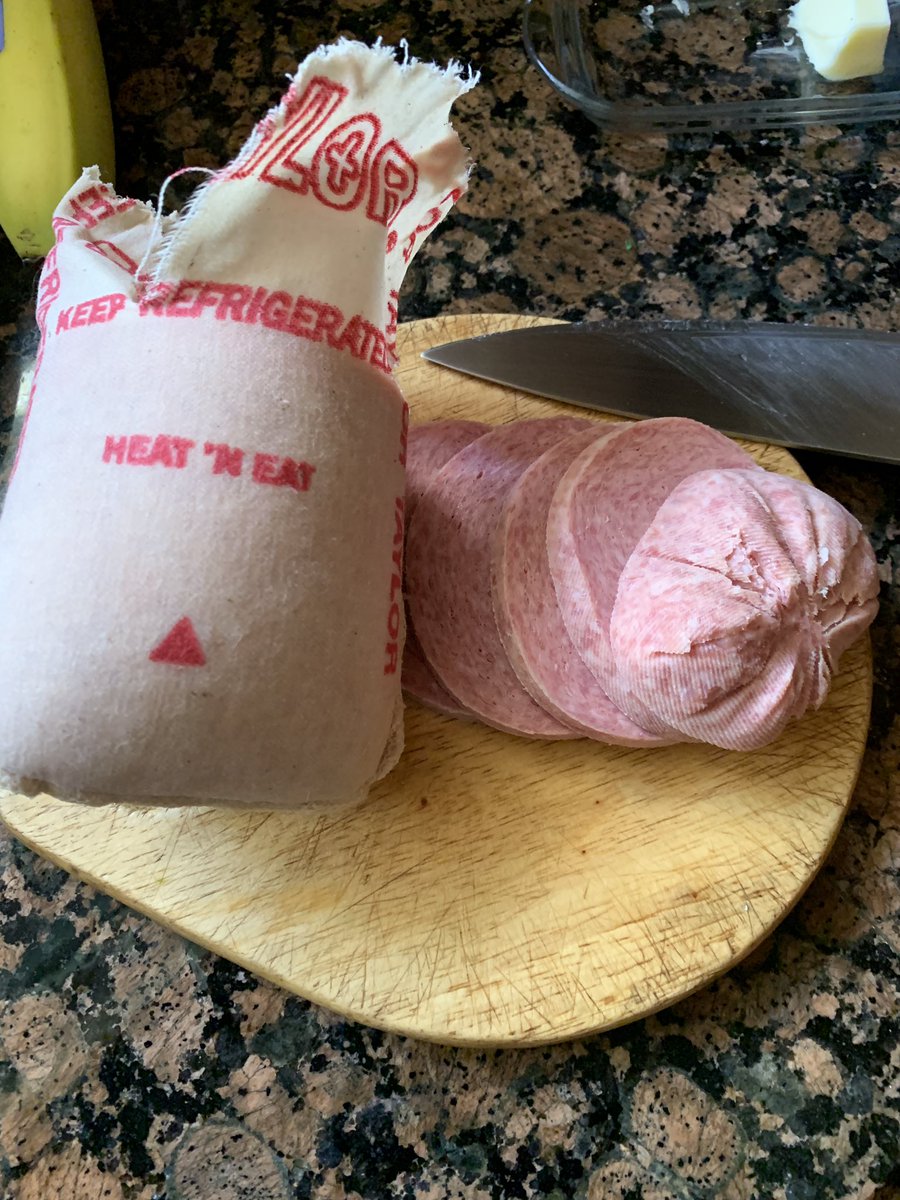 So  @muffnbear. You buy the whole Taylor pork roll. Then you cut it thick or thin. See that end piece there? Just look at it. All misshapen. You CAN’T serve that to decent people. And wasting food is a sin. So you just have to bite the bullet and take one for brunch.