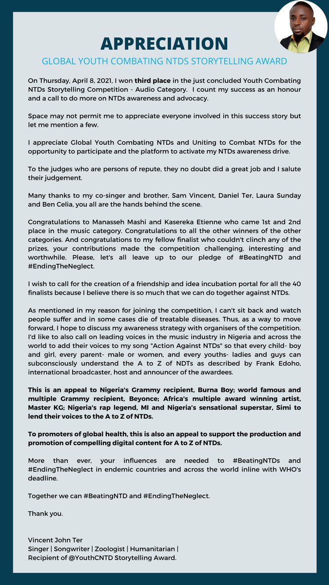 jvteryimater's tweet photo. @YouthCNTDs APPRECIATION!
~~~~
@YouthCNTDs @CombatNTDs @WHONigeria @burnaboy  @Beyonce @MI_Abaga @MasterKGsa @SympLySimi @frankedoho @IdrisSultan @DrJulieJ @monlee_mane 

#LekkiGirls #cryptocurrency #London #GlobalYouthFestival #Nigeria https://t.co/1WinZ7RauA