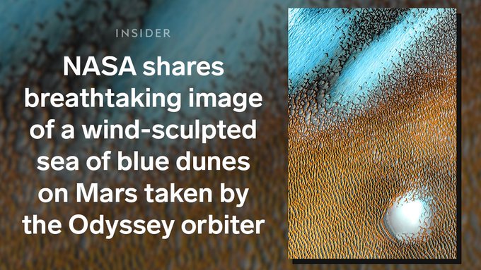 A graphic containing the NASA image and the article headline: "NASA shares breathtaking image of a wind-sculpted sea of blue dunes on Mars taken by the Odyssey orbiter" 