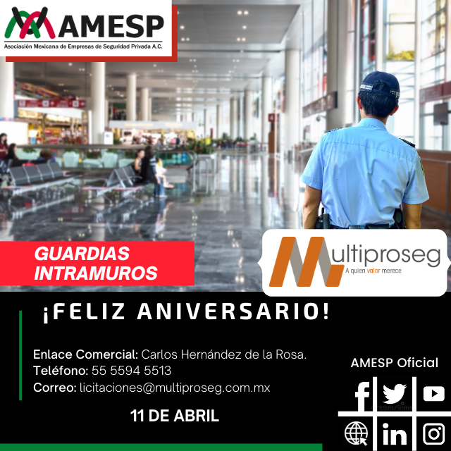 AMESP_oficial's tweet photo. La #AMESP se complace en felicitar a su Asociado Consejero @MULTIPROSEG_ hoy en su aniversario.

Uno de los servicios que presta es "Guardias Intramuros"

#Felicidades #Multiproseg

#TodosSomosAMESP #FuerzaAMESP #UnidosPorUnMéxicoSeguro #SoyAMESP #FelizAniversario https://t.co/E81DSwdDxF