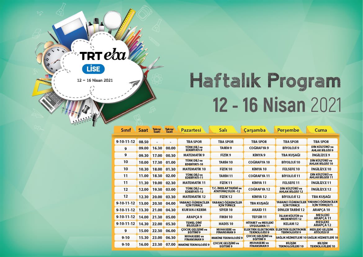 📺 TRT EBA’da Haftanın Programı

📖👩🏻‍🔬📚 İlkokul, ortaokul ve lise kanallarına bekliyoruz.

🗓 12-16 Nisan 2021 

İşte, yeni haftanın akışı👇🏻