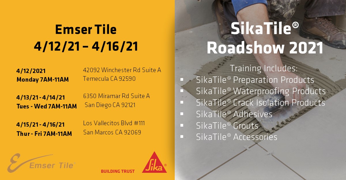 Sika_USA's tweet photo. The SikaTile Roadshow will resume at various @emsertile locations in Temecula, San Diego, and San Marcos. We look forward to seeing those that will be attending! #sikasecure #sikatile #roadshow #tile #tileflooring #emsertile https://t.co/MkafvG1t3H