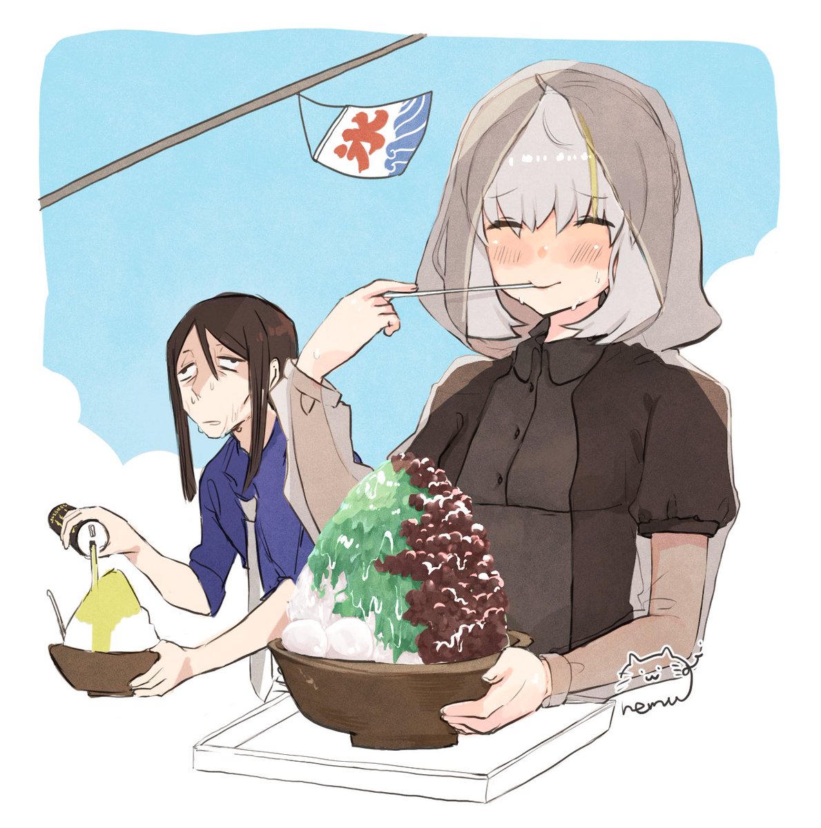 shaved ice food spoon 2girls multiple girls bowl grey hair  illustration images
